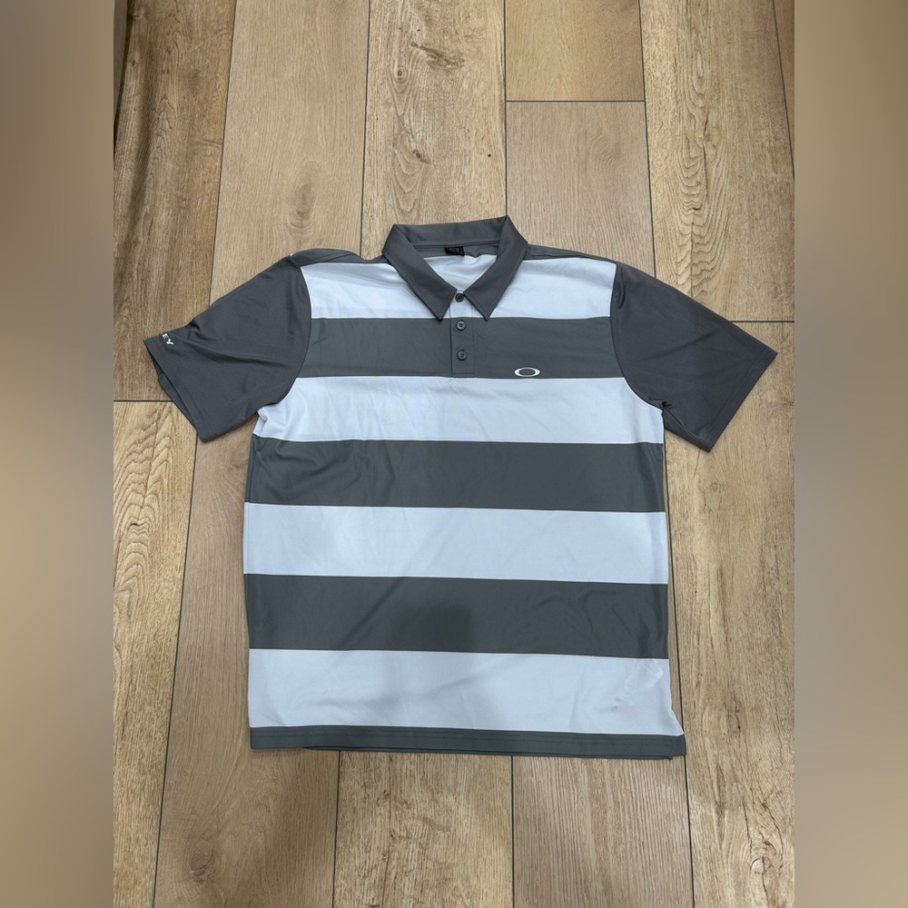 Oakley Polo Shirt Men's Large Black White Stripe Embroidered Golf Size XL EUC